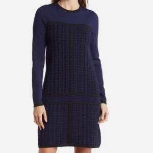 REISS Elsie Two Tone Textured Knitted Long Sleeve Navy black Mini Dress Medium